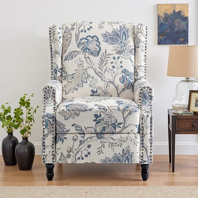 UIXE Pushback Recliner Chair, Push Back Accent Chair Fabric Upholstered Armchair for Living Room, Rivet Trim Home Theater Single Sofa Bedroom Reading Seat - Blue Plants-Ruum Studio Home