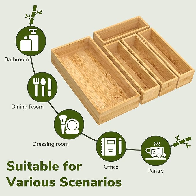 BAMEOS Utensil Drawer Organizer, 5 Slots Silverware Organizers for Kitchen Drawers, Bamboo Flatware Organizer for Knives Cutlery Spoons Forks (Natural)-Ruum Studio Home
