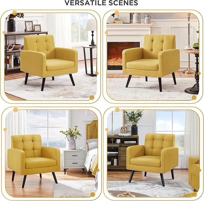 Yaheetech Mid-Century Accent Chairs, Modern Upholstered Living Room Chair, Cozy Armchair Button Tufted Back and Wood Legs for Bedroom/Office/Cafe, Yellow-Ruum Studio Home