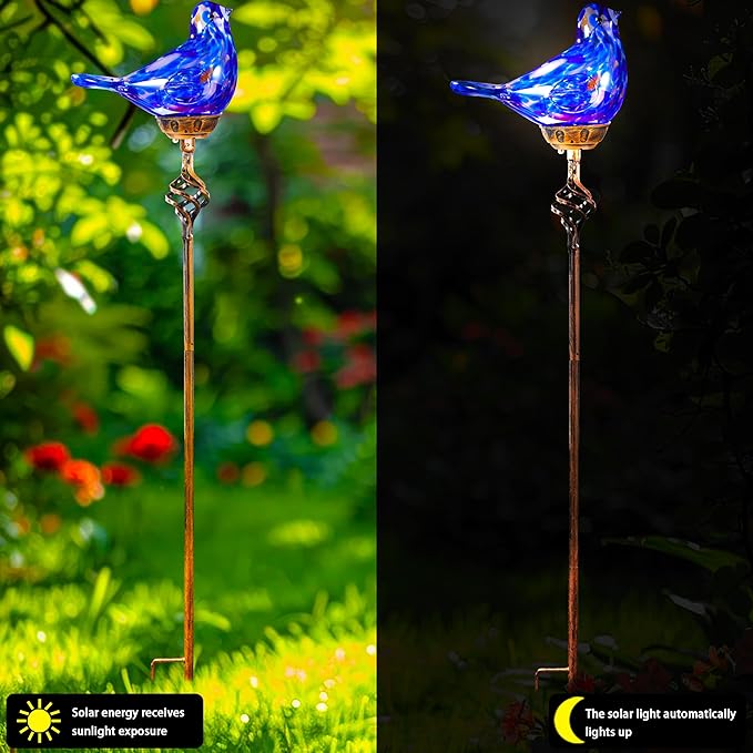 Decorative Solar Lights, Outdoor Solar Bird Stake Lights, Hand Blown Glass Decorative Garden Pathway Lights Outdoor Waterproof Glass Stakes (Dark Blue)-Ruum Studio Home