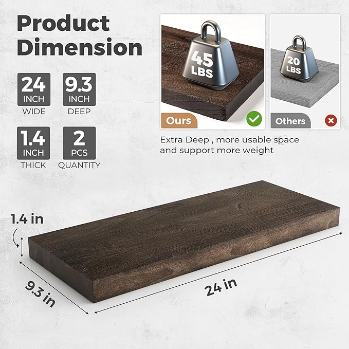 RICHFOCUS Elm Floating Shelves for Wall - 24" W x 9.3" D Rustic Solid Wood Shelves with Invisible Bracket, Wall-Mounted for Living Room, Bedroom, Kitchen Storage & Display, Set of 2, Walnut-Ruum Studio Home