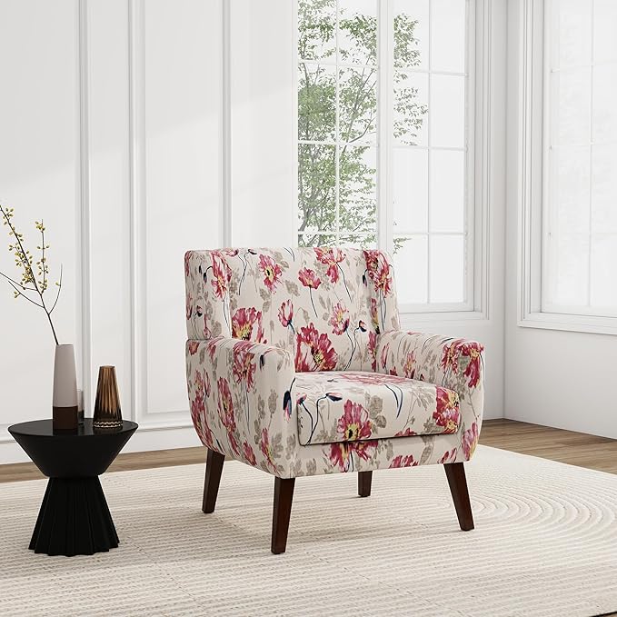 UIXE Floral Accent Chair, Modern Upholstered Armchair in Fabric for Living Room, Comfy Club Arm Chairs Single Sofa Button Tufted Bedroom Reading Seat - Pattern White, Set of 1-Ruum Studio Home