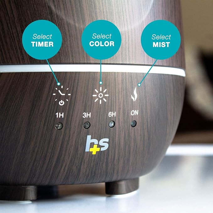 HealthSmart Essential Oil Diffuser, Cool Mist Humidifier and Aromatherapy Diffuser with 500ML Tank Ideal for Large Rooms, Adjustable Timer, Mist Mode and 7 LED Light Colors, Brown-Ruum Studio Home