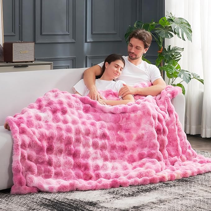 Cozy Bliss Faux Fur Throw Blanket for Couch, Fuzzy Soft Plush Thick Bubble Blanket for Sofa Bedroom Living Room, 60 * 80 Inches Tie Dye Pink-Ruum Studio Home