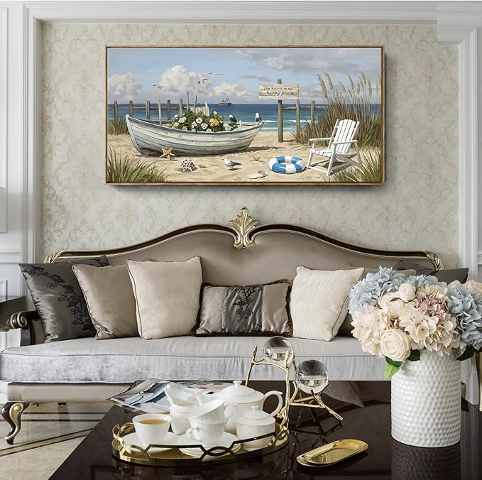 amatop Large Framed Wall Art for Living Room Nautical Beach Canvas Print Blue Flower Boat on Sandy Shore Ocean Seaside Landscape Coastal Artwork with Sea Birds Rustic Bedroom Office Home Decor 48×24 Inch-Ruum Studio Home