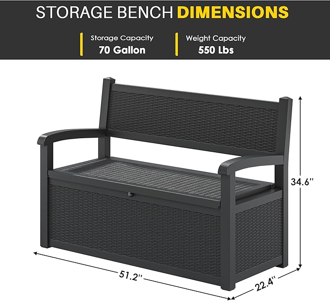 70 Gallon Deck Bench with Storage,Outdoor Storage Box Bench Waterproof&Lockable, Resin Patio Furniture with Armrest for Patio, Porch, Garden,Black-Ruum Studio Home