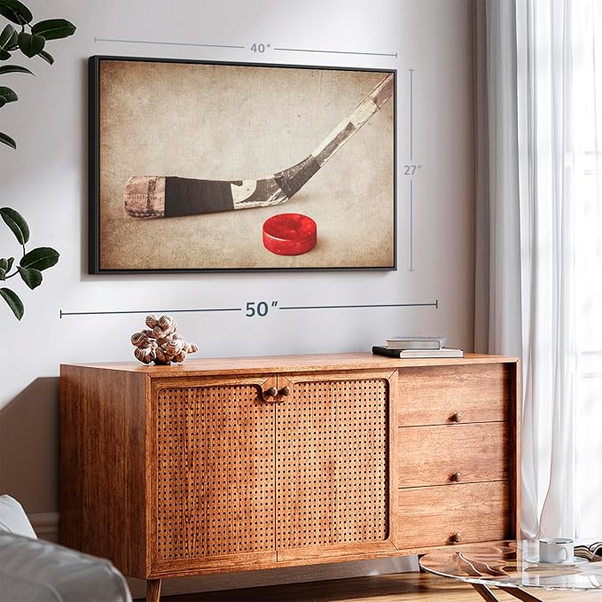 Elephant Stock Vintage Ice Hockey Wall Art - Horizontal Framed Canvas - 1-Piece Hallway Wall Decor - Photography Sports Canvas Print - Brown and Beige Decor for Wall - 40" X 27"-Ruum Studio Home