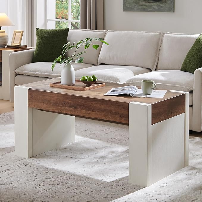 OKD 48" Modern Farmhouse Coffee Table, Wooden Living Room Table with Hidden Storage Drawer, Rustic Rectangular Center Tables with Wood Thick Design for Living Room, Office, Antique White-Ruum Studio Home