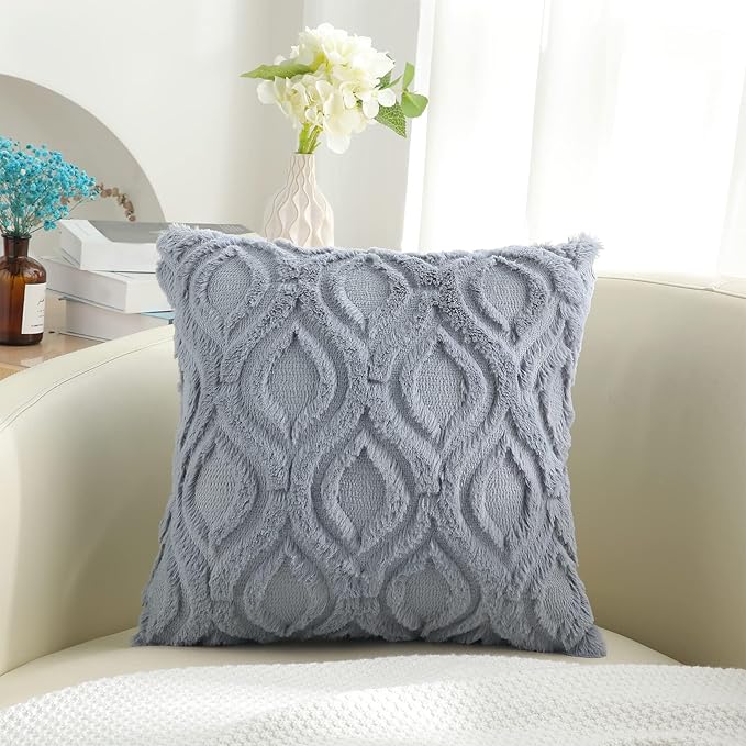 decorUhome Fall Throw Pillow Covers 26x26 Inch Set of 2, Soft Plush Decorative Faux Fur Blue Grey Solid Couch Pillow Covers, Accent Farmhouse Neutral Square Euro Pillow Cases for Sofa Bed Living Room-Ruum Studio Home