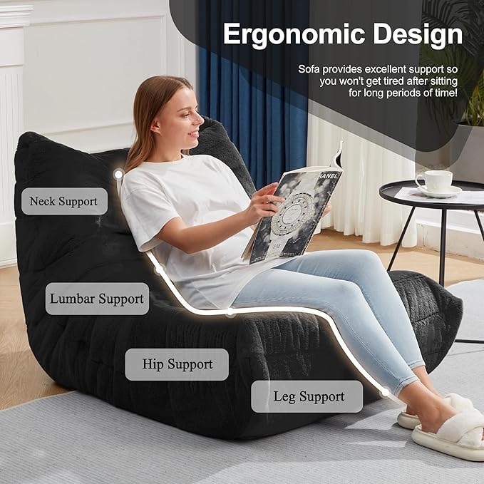Bean Bag Chairs for Adults Giant Bean Bag Chair Memory Foam BeanBag Chair Big Bean Bag Sofa with Filler Faux Fur Fireside Beanbags Lazy Sofa for Living Room Bedroom Dorm Office (Black Plush)-Ruum Studio Home