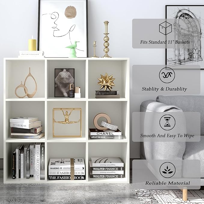 9-Cube Storage Shelf Bookcase - Wooden 3-Tier Floor Standing Open Bookshelf for Home and Office, Display Cabinet, Warm White-Ruum Studio Home