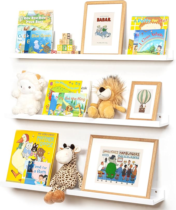 Picture Ledge Shelf for Wall, 36 inches Solid Pine Wood Nursery Book Shelves 3 Packs, Floating Ledge Shelves for Kids' Room Bedroom Bathroom Living Room Photo Frames Office Nursey Wall Decor, White-Ruum Studio Home