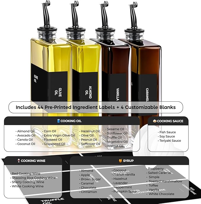 Olive Oil Dispenser Bottle - Includes 44 Kitchen Essential Labels - Cooking Oil Bottles for Kitchen, Coffee Syrup Dispenser - Pourer Spout with 11.8 fl oz Glass Container Cruet - 4pcs, Black-Ruum Studio Home