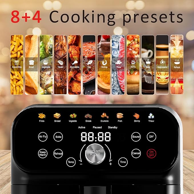 6QT Air Fryer Oven with LED Digital Touchscreen, 12 Preset Cooking Functions Air fryers, Bake, Reheat, Keep Warm, Nonstick and Dishwasher-Safe Basket, Stainless Steel/Black-Ruum Studio Home