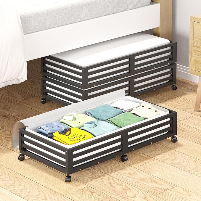 Bamboo Under Bed Storage Containers- Underbed Organizer with Wheels with Large Dust Bag,Sturdy Wood Rolling Under the Bed Shoe Storage Organizer Drawer 2 Packs (Black, Long)-Ruum Studio Home