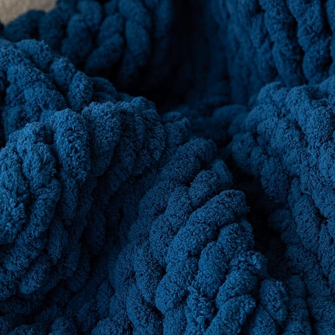WESHIONGOO Chunky Knit Blanket Throw 40"*40" Knitted Throw Blankets for Couch Bed Fluffy Soft Blanket with Jumbo Chenille Yarn Thick 100% Handmade(Navy Blue)-Ruum Studio Home