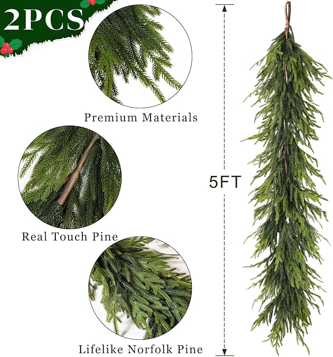 Artificial Norfolk Pine Garland - Faux Christmas Garland Fake Green Garland for Fireplace,Table, Stairs, Mantle, Window,Indoor Outdoor,Home,Holiday Decor (2 PCS,5 FT)-Ruum Studio Home