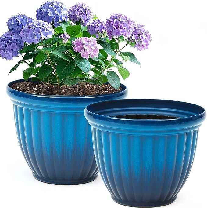 15" H Large Flower Pots, Set of 2 Plastic Planters for Outdoor Plants with Gradient Blue Finish and 3D Textures, Weather-Resistant for Porch, Garden, Patio or Indoor Use-Ruum Studio Home
