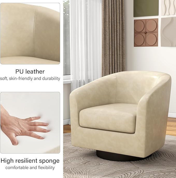 Swivel Barrel Accent Chair, Modern Round Faux Leather Arm Chair for Living Room, Bedroom, Comfy Club Reading Chairs for Adults, Faux Leather, Cream, Set of 1-Ruum Studio Home