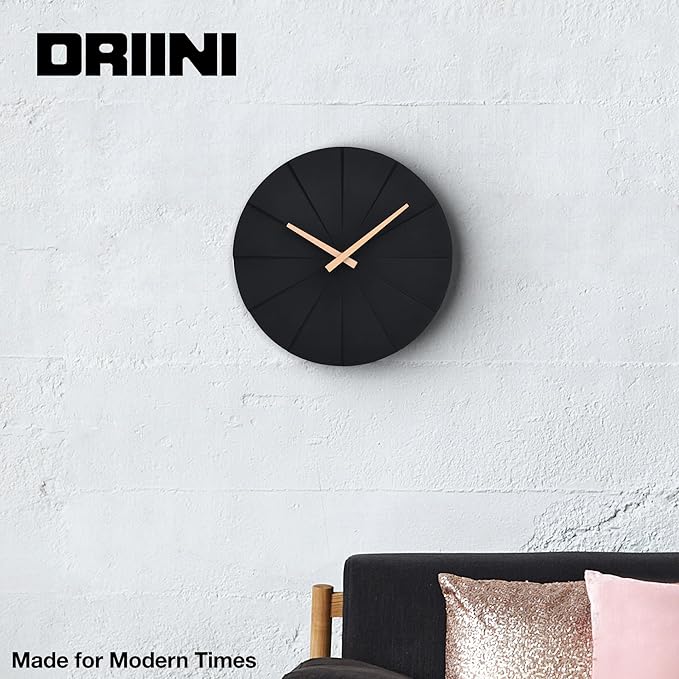 Driini Staircase Modern Wall Clock - Unique 10.5 in. Frameless Concrete Design - Contemporary, Minimalist Decor; No Numbers - Silent Battery Operated Clocks with Decorative Wooden Hands; Black-Ruum Studio Home