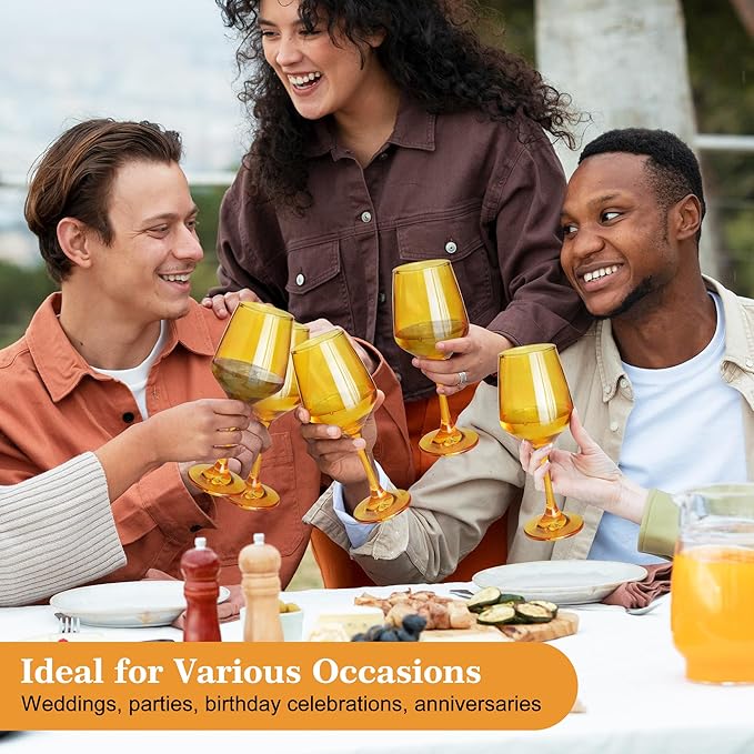 Amber Wine Glasses Set of 6-12oz Amber Long Stem Wine Glass Cups, Pretty Crystal Glassware, Hand Blown Goblets Drinkware, Unique Drinking Stemware Holiday Gift Set-Ruum Studio Home