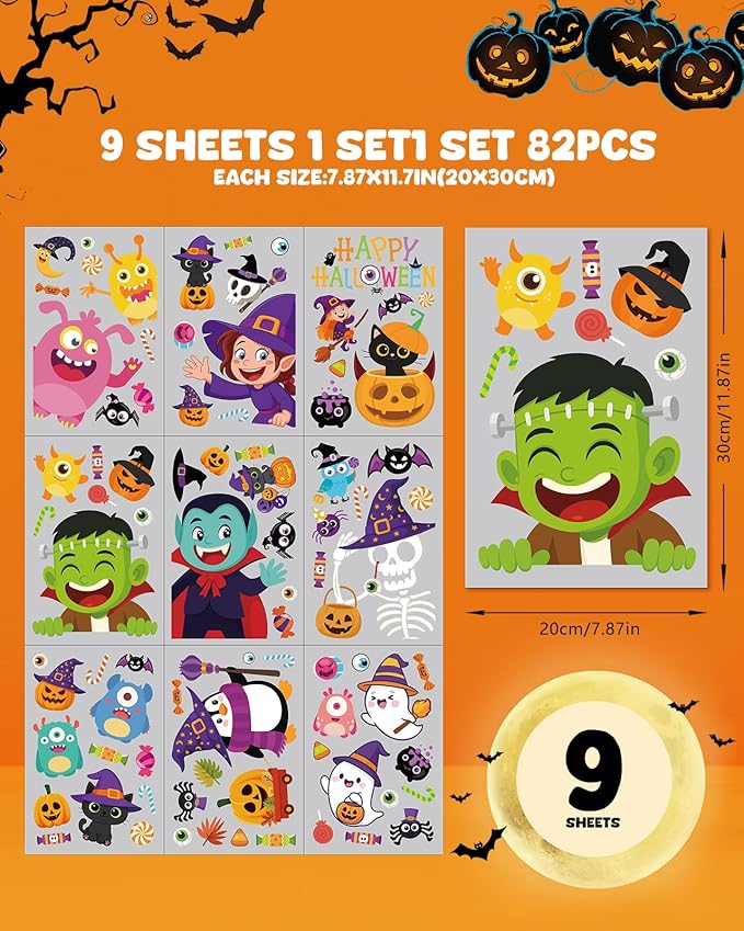Halloween Window Clings - 9 Sheets 82 Pcs Cute Happy Halloween Window Decorations Indoor for Home Eyes Party Ghost Cat Bat Witch Stickers for Glass Double-Sided Removable Static Glass Decals-Ruum Studio Home