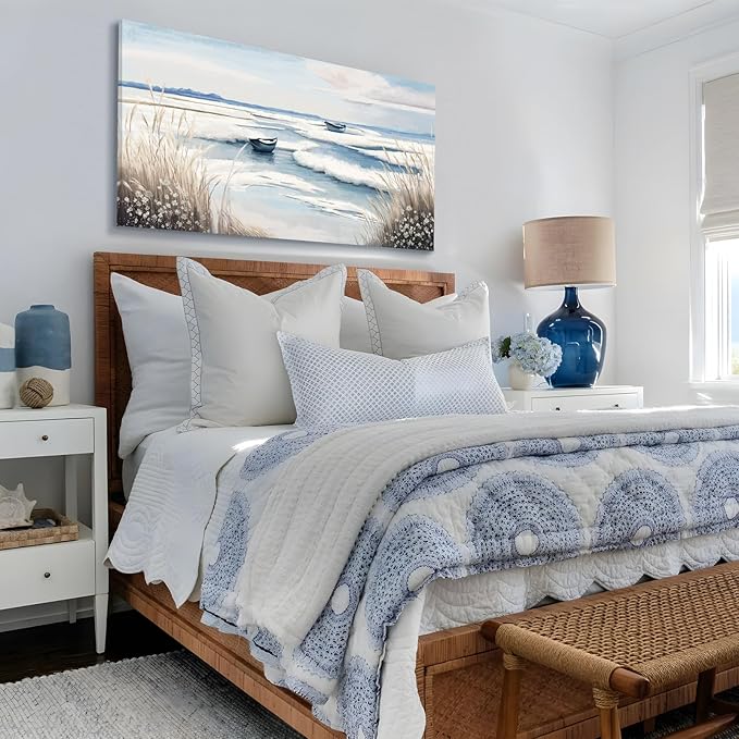 amatop Large Canvas Art Wall Decor for Bedroom Living Room –Rustic Coastal Ocean Artwork for Walls with Sailboat and Waves – Blue and White Nautical Beach Seascape Canvas Print 48x24 Inch-Ruum Studio Home