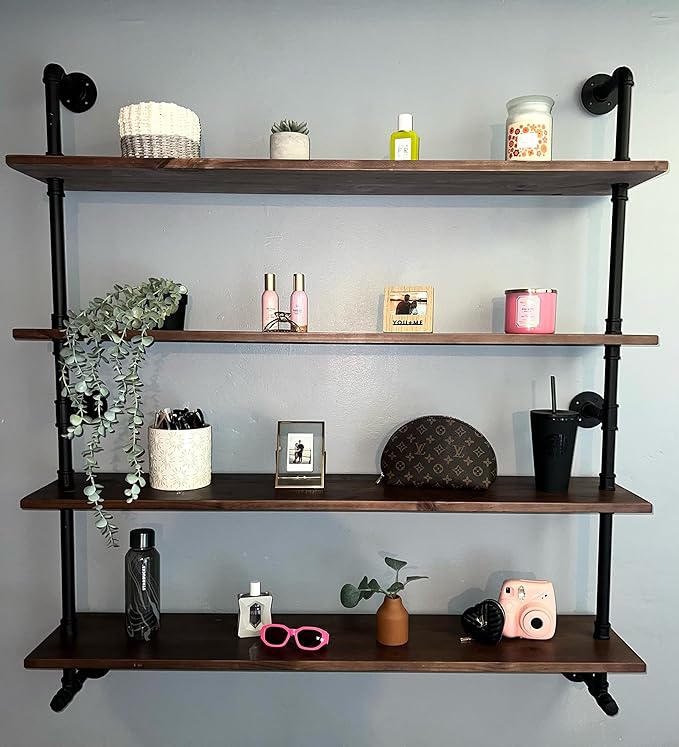 Industrial Pipe Wall Shelves With Real Wood Plank, 48 Inches Floating Shelves for Wall, 4 Tier Farmhouse Book Shelves, Dark Brown for Kitchen, Living Room Decor and Bar-Ruum Studio Home