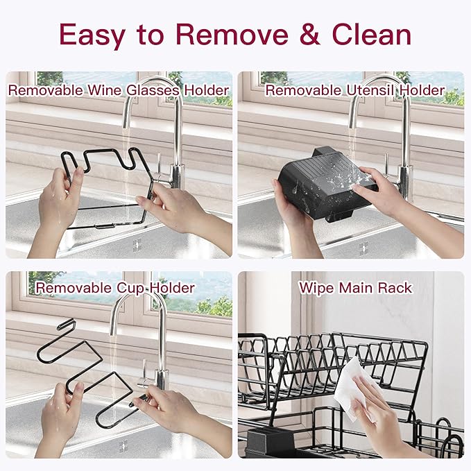 BOOSINY 2 Tier Black Large Stainless Steel Dish Drainers Drying Rack for Kitchen Counter with Drainboard, Rust Proof Metal, Space Saving, Modern Aesthetic, Compact Plates Strainers with Extra Mat-Ruum Studio Home