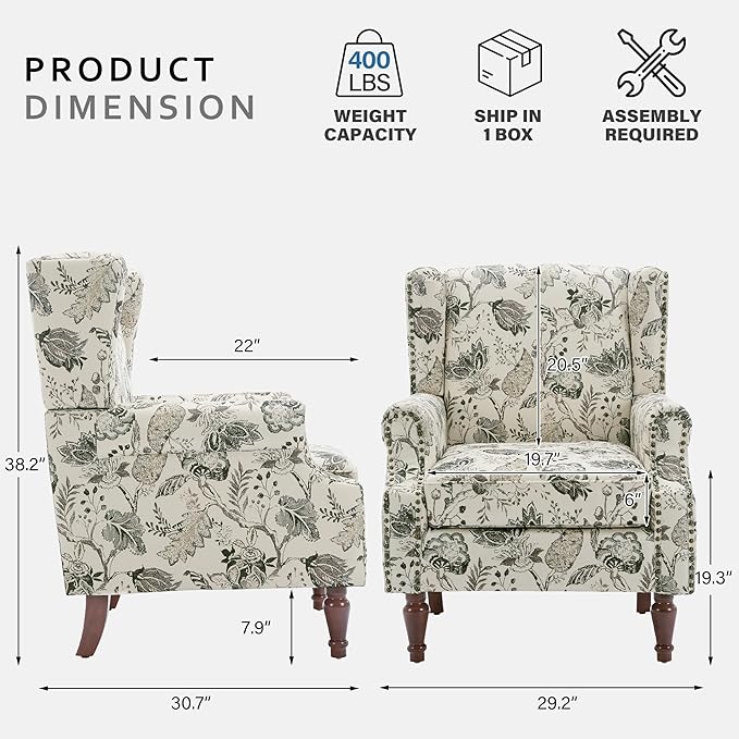Lumibee Wingback Accent Chair, 2 Set High Back Floral Armchairs in Fabric,Comfy Upholstered Reading Single Sofa Chairs with Solid Wood Legs for Living Room,Bedroom,Office-Plants Beige-Ruum Studio Home