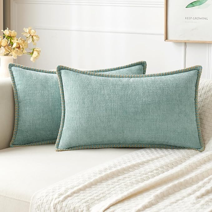 MIULEE Pack of 2 Couch Throw Pillow Covers 12x20 Inch Aqua Green Farmhouse Decorative Pillow Covers with Stitched Edge Soft Chenille Solid Dyed Spring Pillow Covers for Sofa Bed Living Room-Ruum Studio Home