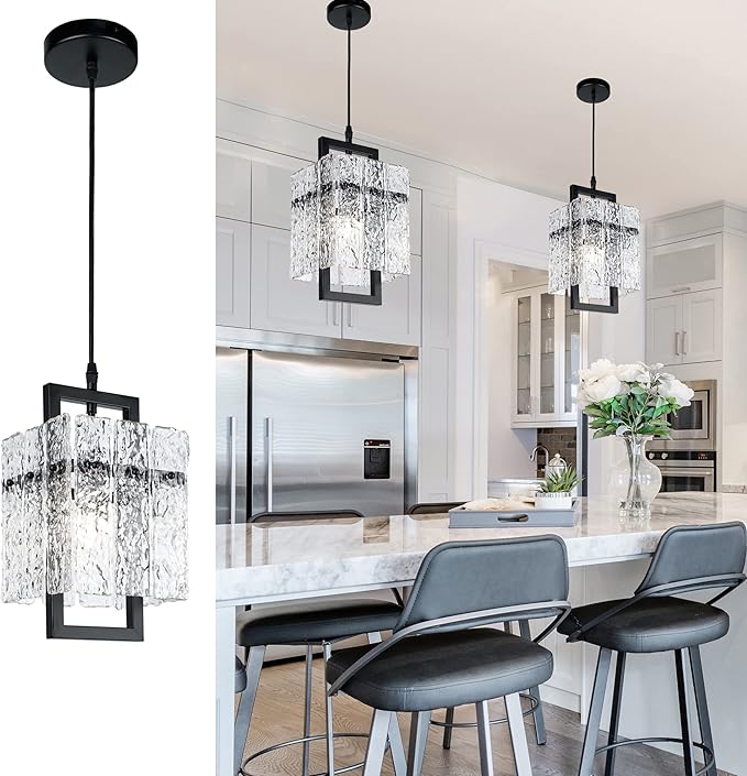 IKK Black Crystal Pendant Light for Kitchen Island, Luxury Water Ripple Glass Chandelier Lights Fixture, Modern Elegant Adjustable Pendant Lighting for Dining Room Bedroom, E12 Bulb, L6.5'' x H11.8''-Ruum Studio Home