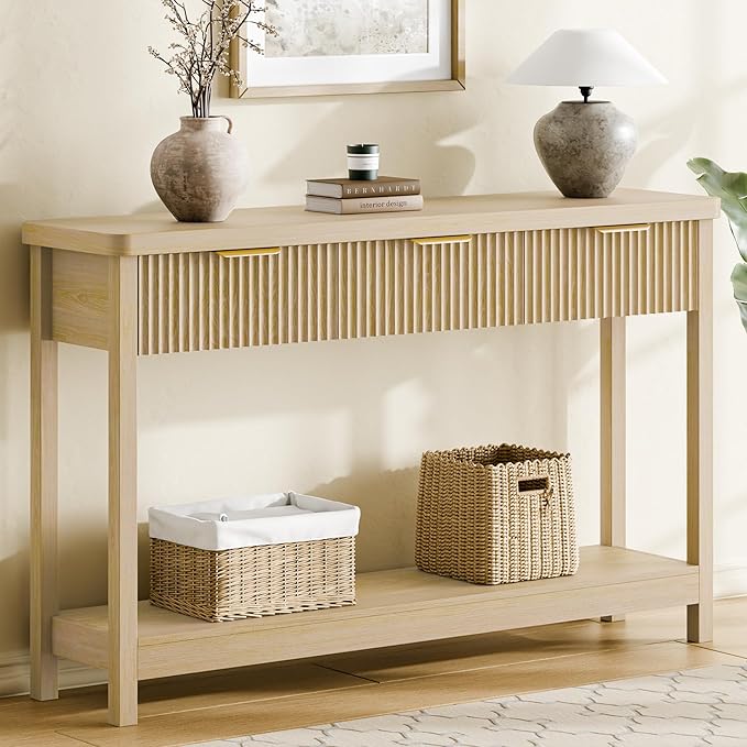 Lulive 51" Fluted Console Table for Entryway, Entryway Table with 3 Wooden Drawers, Farmhouse Behind Sofa Table for Living Room, Hallway, Couch, Foyer-Ruum Studio Home