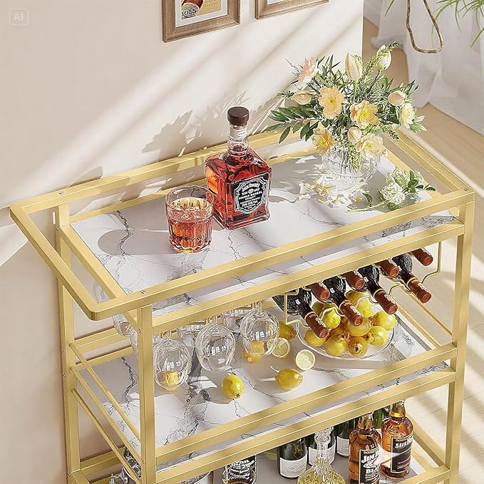 Leteuke Bar Cart for Home, 3 Tier Gold Serving Rolling Carts with Wheels, Drink Cart, Liquor Stand with Marbled Wooden Shelves, Wine Rack and Glass Holder for Kitchen, Dining Room-Ruum Studio Home