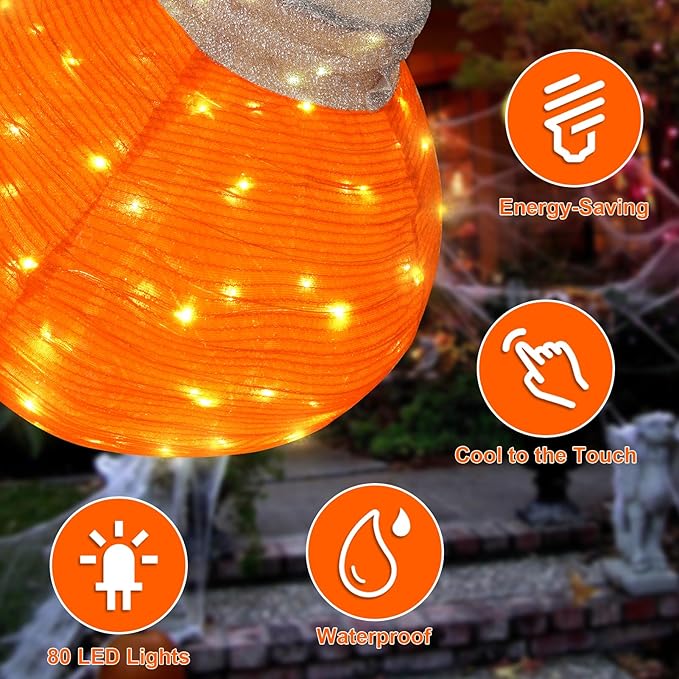 BRIGHTDECK Outdoor Halloween Ornaments, Lighted Pop-Up Outdoor Holiday Ball Decoration with 80 LED Lights, 8 Light Modes, Lighted Collapsible Holiday Decorations for Yard, Home(Orange)-Ruum Studio Home