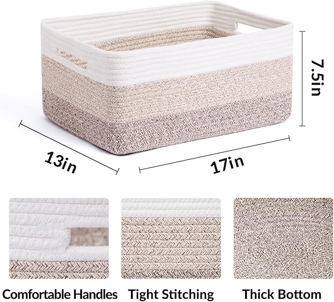 Large Storage Baskets for Shelves, Closet Organizers Bins for Clothes Blanket Towels, Baby Nursery, Toy Baskets Box, Woven Rope Baskets, 17 x 13 x 7.5”, 2 Packs Gradient Brown-Ruum Studio Home