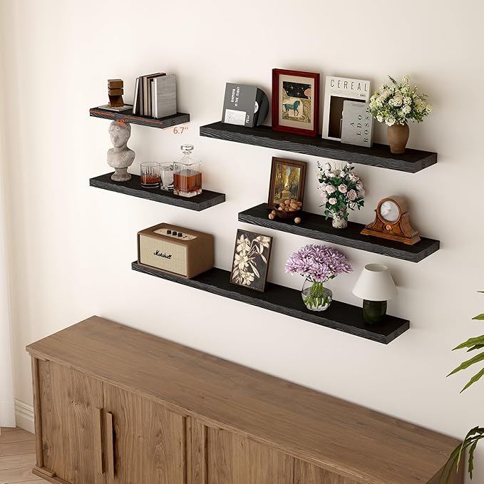 BGMG Wood Floating Shelves 18 inch,Black Floating Shelves,Solid Wood Wall Shelves for Bathroom Living Room Bedroom Kitchen Farmhouse Set of 2-18x 6.7 x1.25 inch-Ruum Studio Home