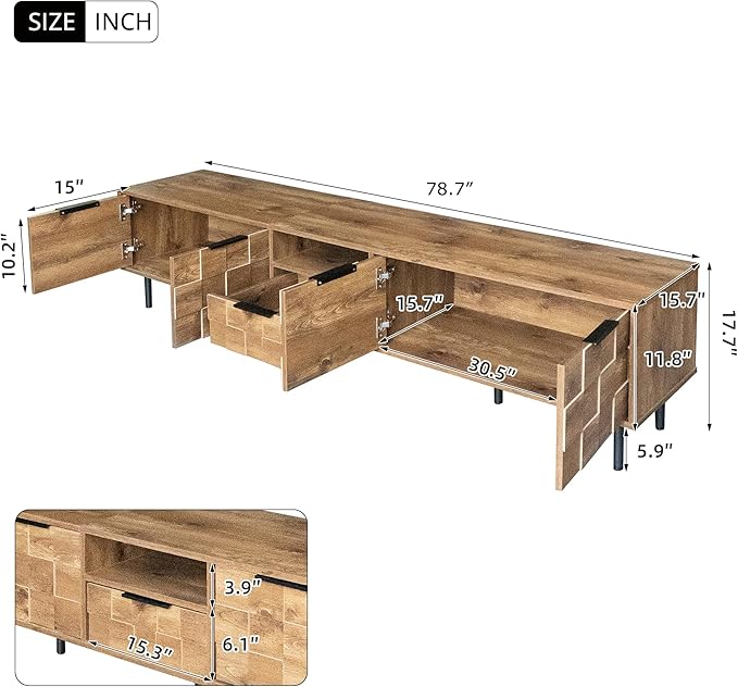Modern TV Stand for TVs up to 85", Mid-Century Media Console with Checkered Cabinet Doors, Storage Drawers & Open Shelves, Wood Entertainment Center with Metal Legs-Ruum Studio Home