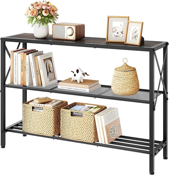 Hoctieon Industrial Console Table, 3 Tier Entryway Table, Hallway Table, Narrow Sofa Table with Shelves, Entrance Table for Entryway, Living Room, Foyer, Hallway, Office, Grey-Ruum Studio Home