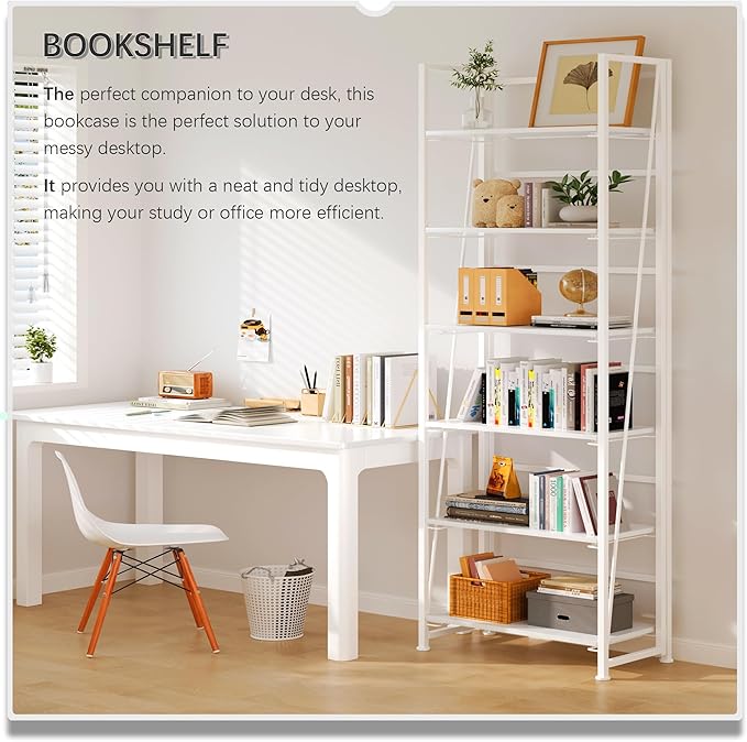 4NM No Assembly Foldable Bookshelf, 6-Shelf Collapsible Bookcase Storage for Small Spaces, 74" H, All White-Ruum Studio Home