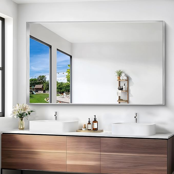 Silver Bathroom Mirror, 36x60 Inch Rectangular Deep Frame Mirror, Large Wall Mounted Bathroom Vanity Mirror Over Sink for Bedroom,Restroom, Living Room, Hangs Vertically or Horizontally-Ruum Studio Home