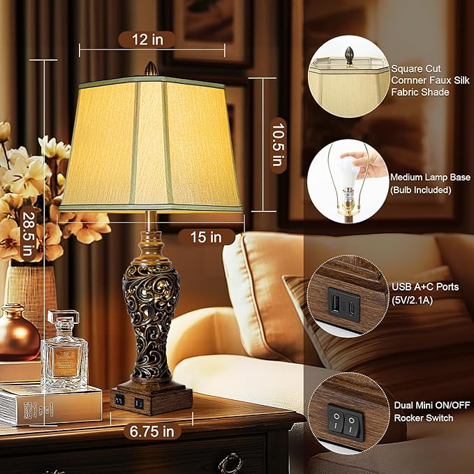 28.5'' Tall Farmhouse Vintage Table Lamp Set of 2 with Faux Silk Shade USB Ports Nightlight Decor for Bedside Living Room Bedroom Nightstands Office Home, Dark Bronze(Bulbs Included)-Ruum Studio Home