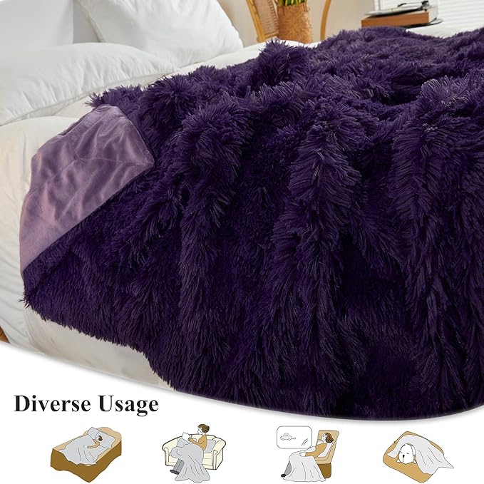 XeGe Plush Faux Fur Throw, Dark Purple Luxurious 50x60 Shaggy Furry Blanket, Thick Fluffy Microfiber Velvet Couch Blanket, Ultra Soft Fuzzy Office Lap Throw for Sofa Bed Car Purple-Ruum Studio Home