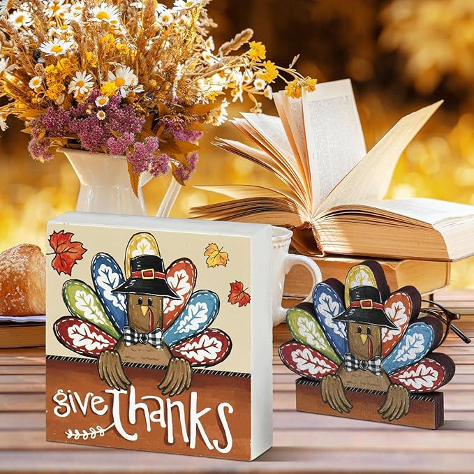 Smile Thanksgiving Wooden Decor Indoor, Turkey Decor Give Thanks Box Sign, Thanksgiving Table Tiered Tray Kitchen Decorations-Ruum Studio Home