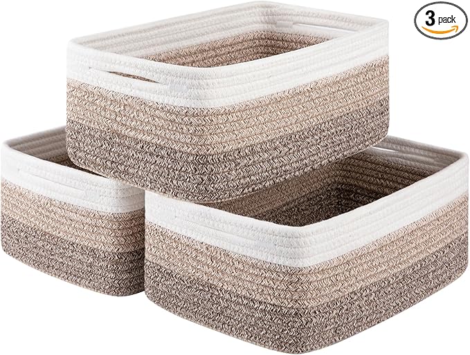 3 Pack Small Storage Baskets for Organizing, Cute Woven Decorative Gift Baskets for Shelves, Mini Closet Organizer Bins with Handles-13''Lx8.66''Wx5.11''H-Brown White-Ruum Studio Home