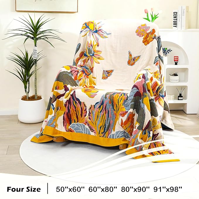 Boho Large Throw Blanket, 100% Organic Cotton Breathable Soft Bed King Throw - Fall Floral Bird Butterfly Farmhouse Decor Blanket for Sofa Couch Chair and Gift. 91" x 98"-Ruum Studio Home
