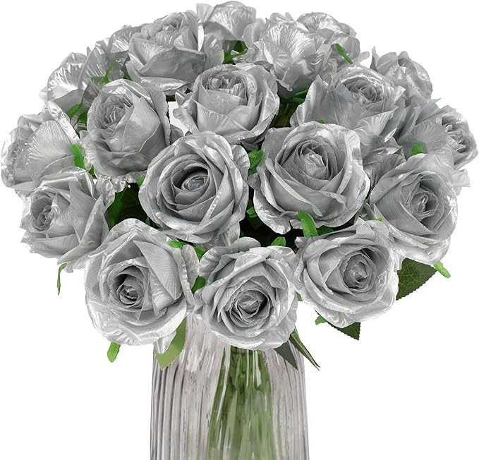 Silver Fake Roses Artificial Flowers - 10 Pcs Fake Artificial Roses Silk Flowers with Stems for Home Wedding Hotel Office Centerpiece Decor-Ruum Studio Home
