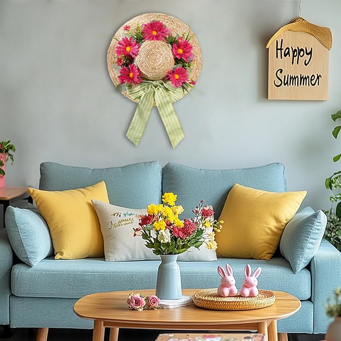 Dilicoming Spring Wreaths for Front Door - 16 Inch Spring Summer Hat Wreath with Artificial Flower, Gift for Women, Indoor Outdoor Wreaths for Wall, Window, Farmhouse, Party, Holiday Home Décor-Ruum Studio Home