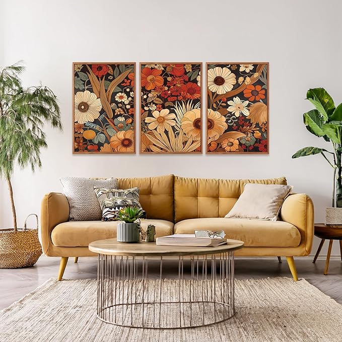 Aurlan Boho Burnt Orange Terracotta Wildflowers Framed Wall Art(16"x24"), 3 PCS Abstract Floral 3D Textured Canvas Artwork, Large Modern Vintage Botanical Nature Art Wall Decor for Home Office Living Room Bedroom-Ruum Studio Home