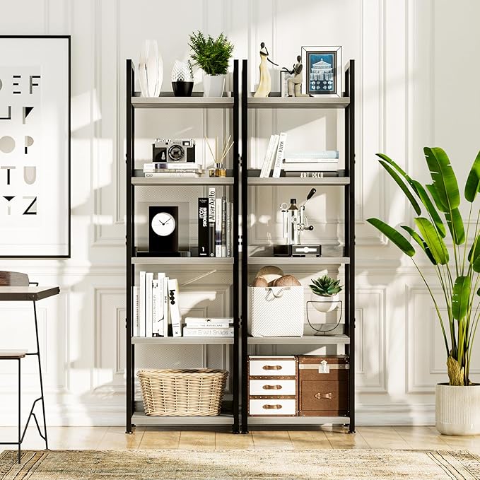 NUMENN Narrow Bookshelf, 5 Tier Bookshelves, Home Office Bookcase Shelf Storage Organizer, Free Standing Storage Shelving Unit for Bedroom, Living Room and Home Office, Grey-Ruum Studio Home